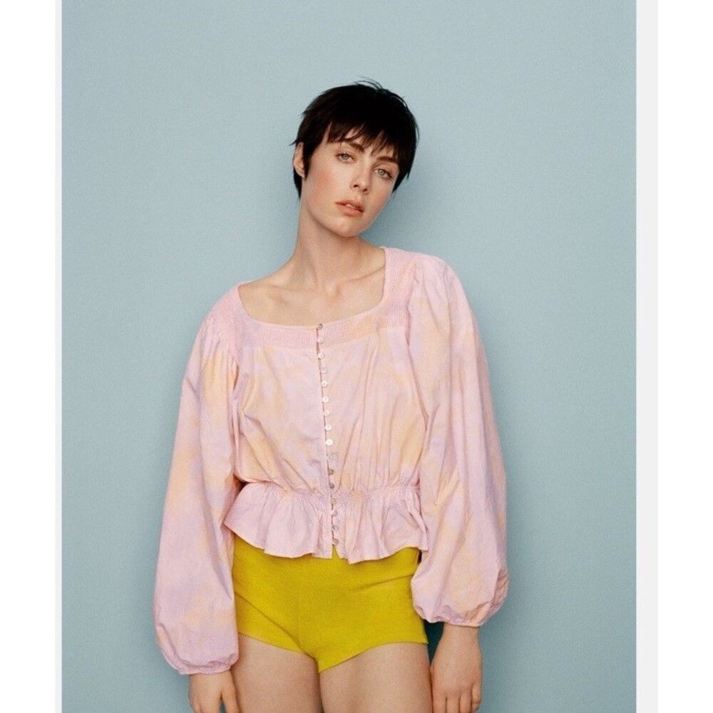 Zara Tye Dye Pink Ruffle Cropped Blouse Buttons Sz M Cotton Long Sleeve Shirt